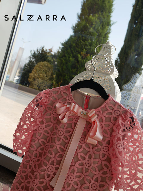 Coralia Bloom Dress Детска рокля от дантела в цвят корал