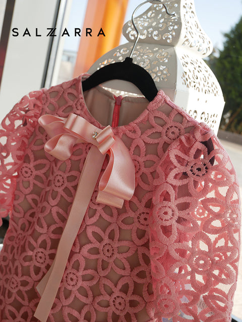 Coralia Bloom Dress Детска рокля от дантела в цвят корал