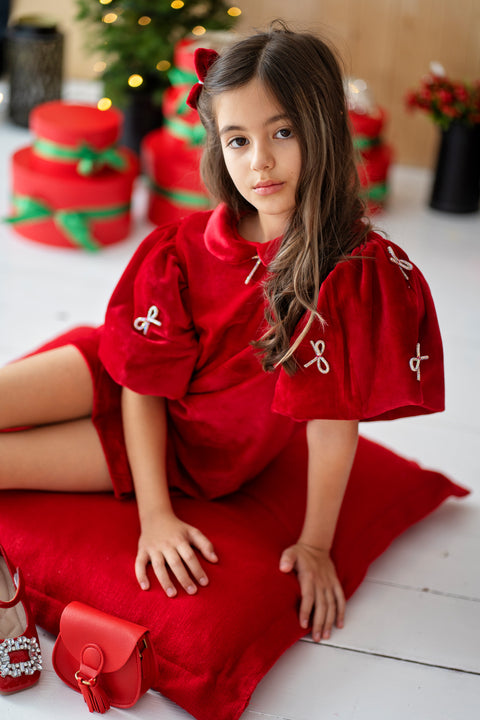 Ruby Bow Рокля червено кадифе с панделки