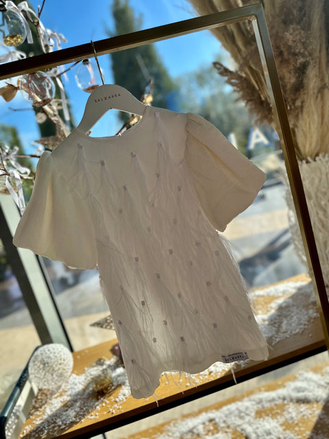Snow Feather Elegance Бяла рокля с пера и буфан ръкави