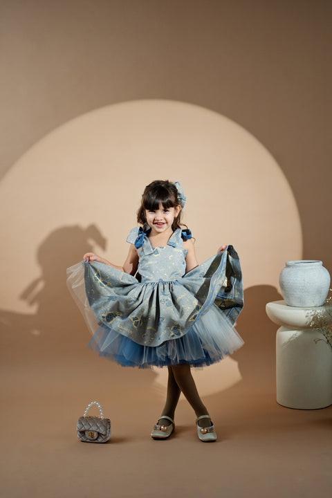 Blue Jacquard Princess Рокля от жакард