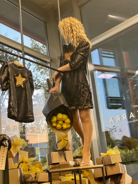 Starry Glow Black Sequin Dress with Gold Star