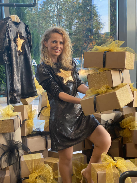 Starry Glow Black Sequin Dress with Gold Star