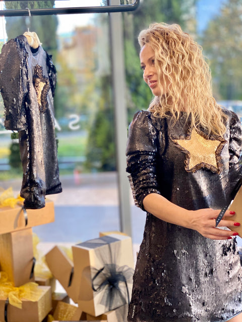Starry Glow Black Sequin Dress with Gold Star