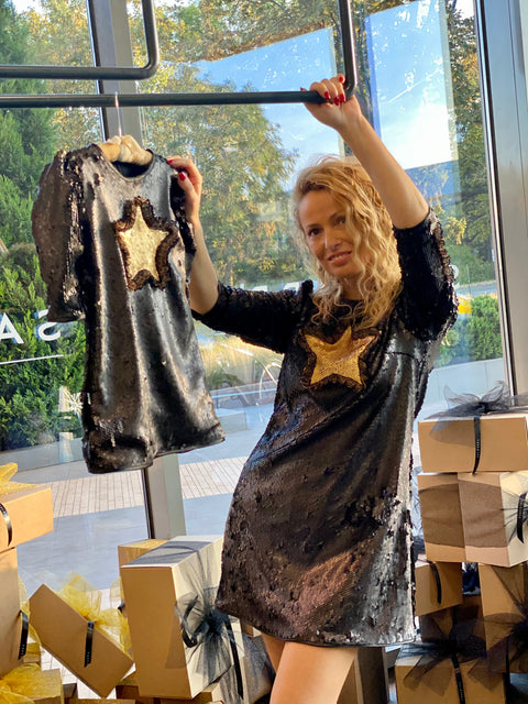 Starry Glow Black Sequin Dress with Gold Star