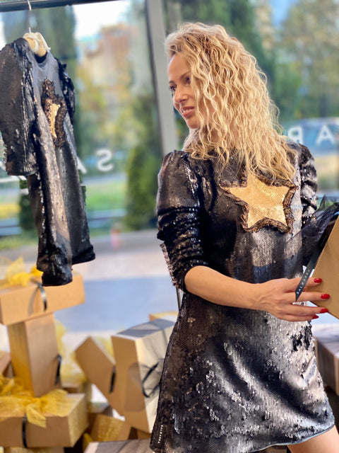 Starry Glow Black Sequin Dress with Gold Star