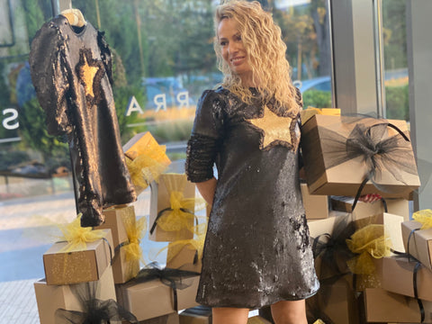 Starry Glow Black Sequin Dress with Gold Star