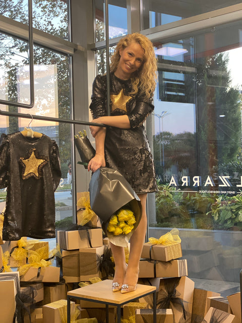 Starry Glow Black Sequin Dress with Gold Star