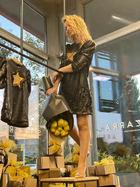 Starry Glow Black Sequin Dress with Gold Star