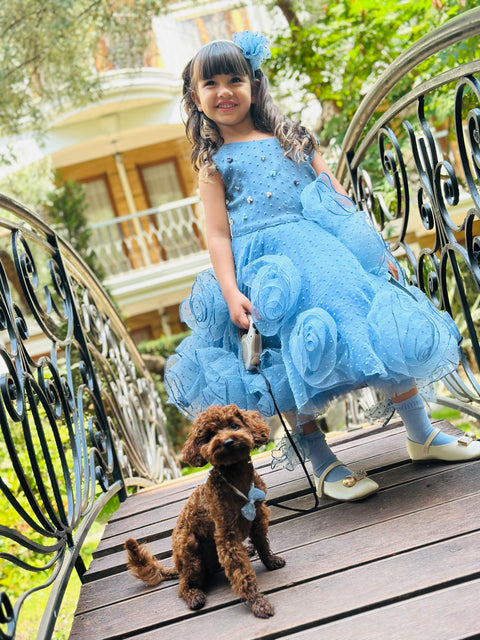 Blue Rose Fantasy Рокля от синя органза с 3D цветя