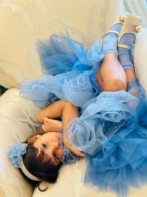 Blue Rose Fantasy Φόρεμα από μπλε οργάντζα με 3D λουλούδια