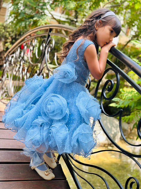 Blue Rose Fantasy Φόρεμα από μπλε οργάντζα με 3D λουλούδια