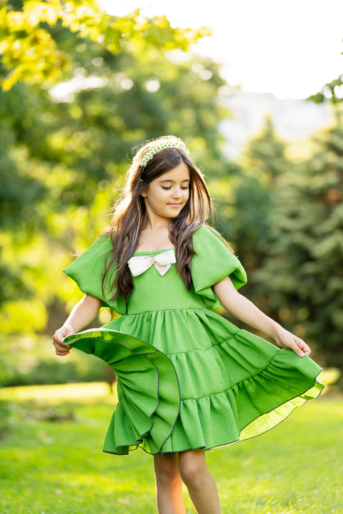Verde Eleganza Children's green rep dress with ribbon