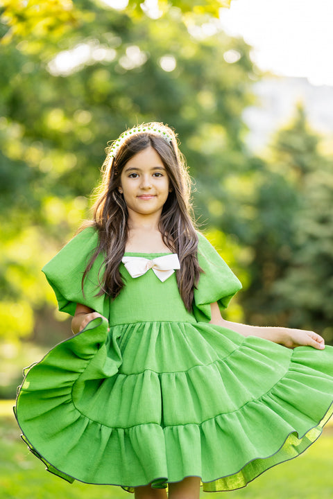 Verde Eleganza Children's green rep dress with ribbon