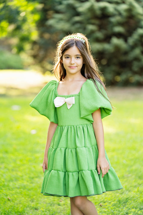 Verde Eleganza Детска рокля от зелен рипс с панделка