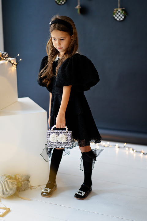Noir Bijou Dress Children's black dress with pearl collar