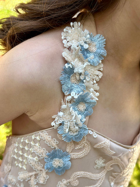 Fiore Azzurro Dress made of luxurious mesh with embroidered flowers