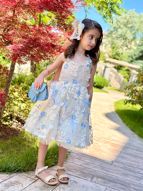 Fiore Azzurro Dress made of luxurious mesh with embroidered flowers