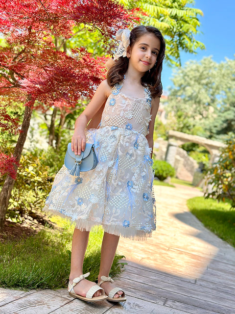 Fiore Azzurro Dress made of luxurious mesh with embroidered flowers