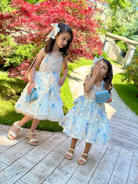 Fiore Azzurro Dress made of luxurious mesh with embroidered flowers