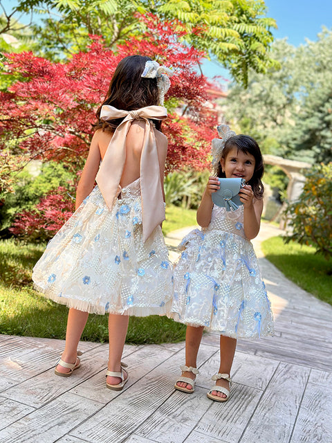 Fiore Azzurro Dress made of luxurious mesh with embroidered flowers