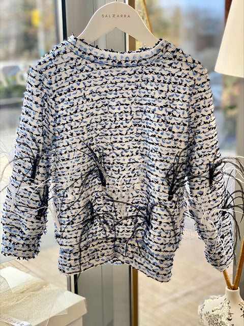 Blue Mirage Sweater Детски пуловер от букле с пера в синьо и екрю
