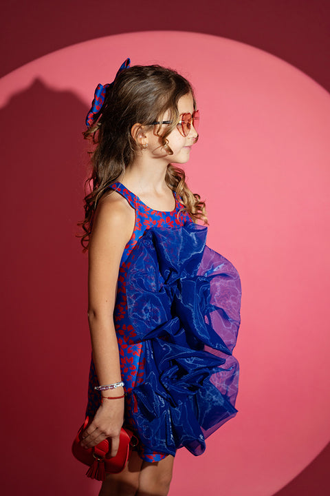 Crimson Waves Детска рокля от жакард в синьо и червено