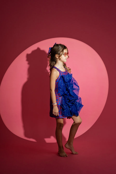 Crimson Waves Детска рокля от жакард в синьо и червено