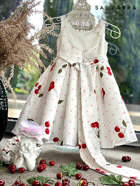 Cherry Dots Delight Children's dress pink dots and cherries