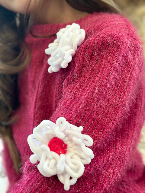 Bloomy Kiss Пуловер циклама с 3D цветя