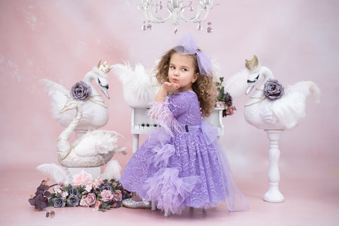 Solenne luxurious purple lace dress with feathers