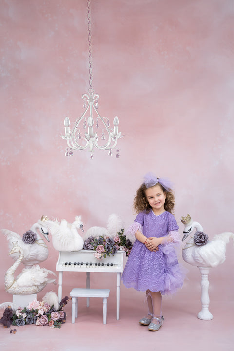 Solenne luxurious purple lace dress with feathers