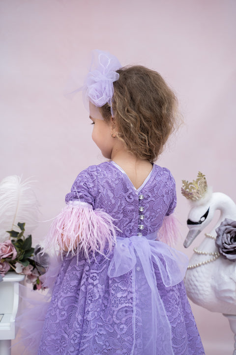 Solenne luxurious purple lace dress with feathers