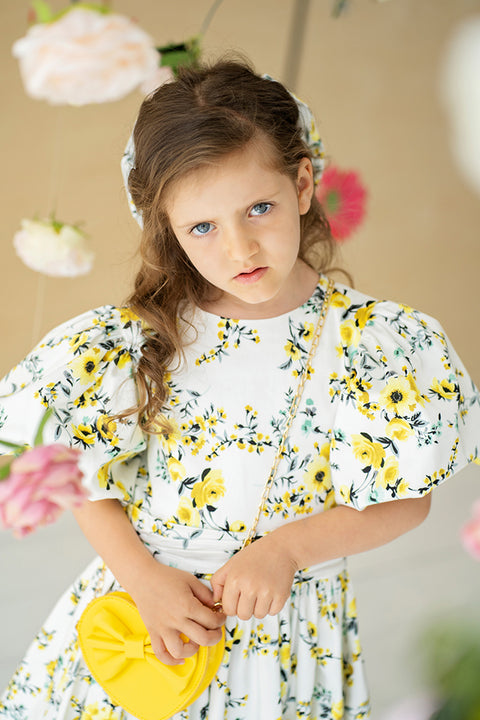 Amarélle Children's cotton dress with floral pattern and yellow ribbon