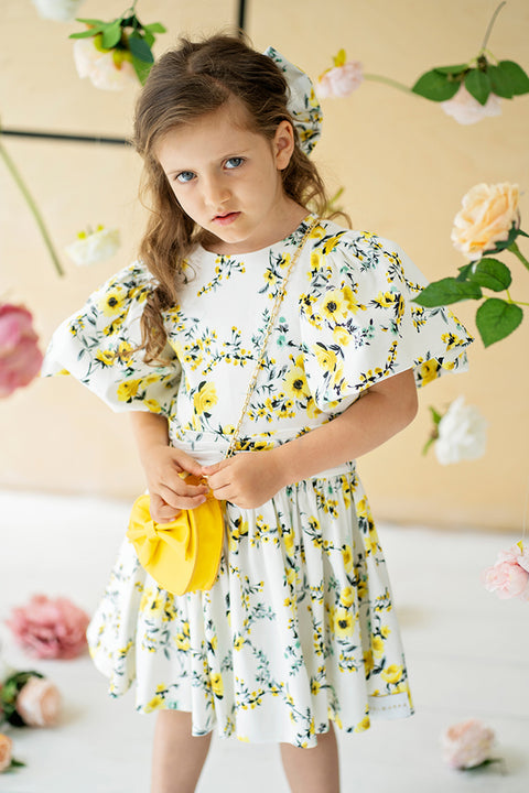 Amarélle Children's cotton dress with floral pattern and yellow ribbon