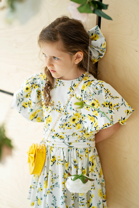 Amarélle Children's cotton dress with floral pattern and yellow ribbon