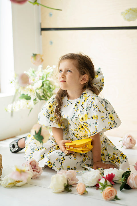 Amarélle Children's cotton dress with floral pattern and yellow ribbon