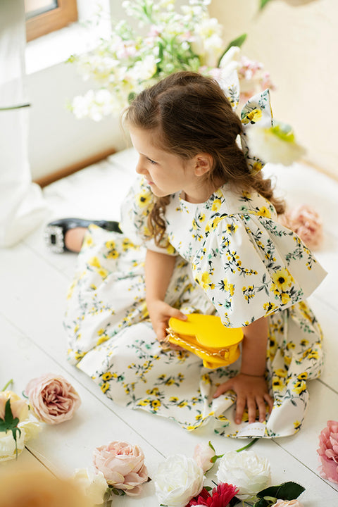 Amarélle Children's cotton dress with floral pattern and yellow ribbon