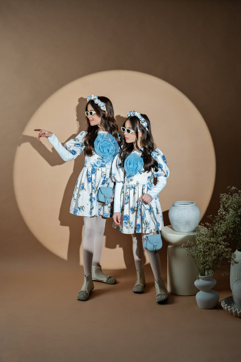 Hydrangea Bloom Neoprene dress with hydrangeas and organza flower