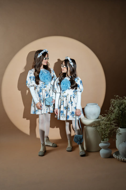 Hydrangea Bloom Neoprene dress with hydrangeas and organza flower
