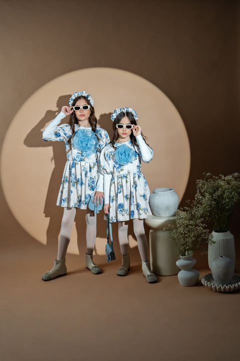 Hydrangea Bloom Neoprene dress with hydrangeas and organza flower