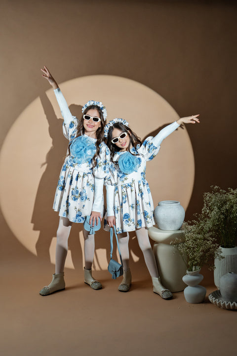 Hydrangea Bloom Neoprene dress with hydrangeas and organza flower