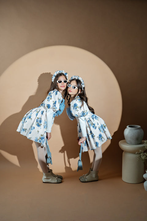 Hydrangea Bloom Neoprene dress with hydrangeas and organza flower