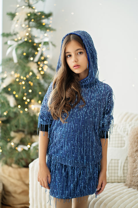 Blue Sparkle Fringe Blue sweatshirt with sequins and fringe