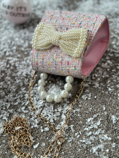 Baby Pearl Pink Boucle Pearl Ribbon Bag