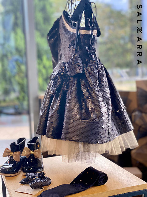 Midnight Bow Детска рокля от черни пайети с асиметрично рамо