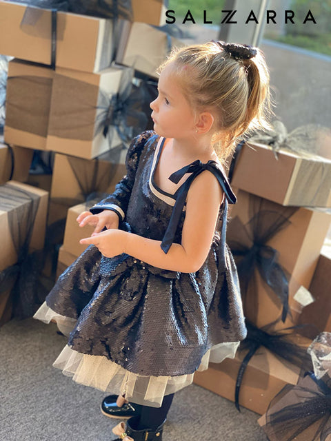 Midnight Bow Детска рокля от черни пайети с асиметрично рамо