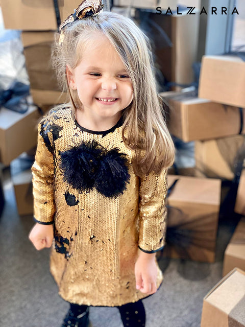 Starlight Charm Gold Sequin Dress with Fluffy Ribbon