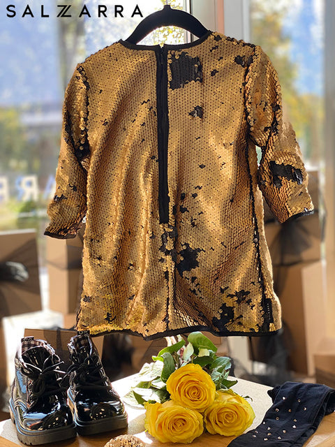 Starlight Charm Gold Sequin Dress with Fluffy Ribbon