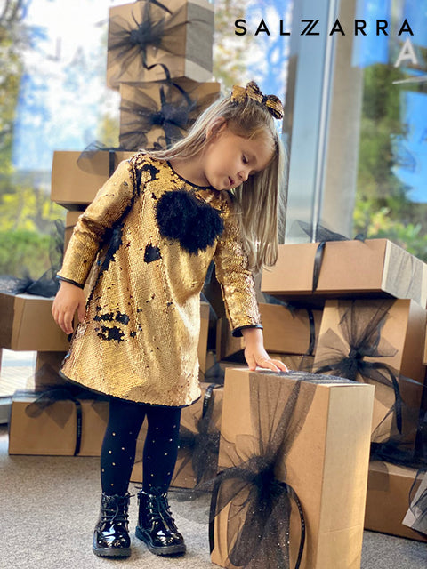Starlight Charm Gold Sequin Dress with Fluffy Ribbon